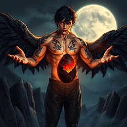 A male fallen angel stands tall on the edge of a jagged cliff, his muscular, shirtless body adorned with glowing tattoos that pulse with forbidden power