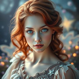 A stunningly beautiful young woman with pale skin and soft, slightly curly red hair that cascades elegantly around her shoulders