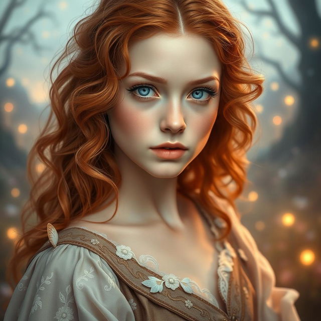 A stunningly beautiful young woman with pale skin and soft, slightly curly red hair that cascades elegantly around her shoulders