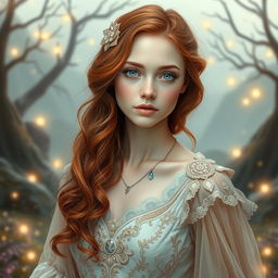 A stunningly beautiful young woman with pale skin and soft, slightly curly red hair that cascades elegantly around her shoulders