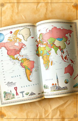 A detailed and beautifully illustrated stock atlas of the world, showcasing a variety of geographical features, including continents, oceans, mountain ranges, and major cities