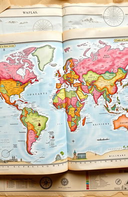 A detailed and beautifully illustrated stock atlas of the world, showcasing a variety of geographical features, including continents, oceans, mountain ranges, and major cities
