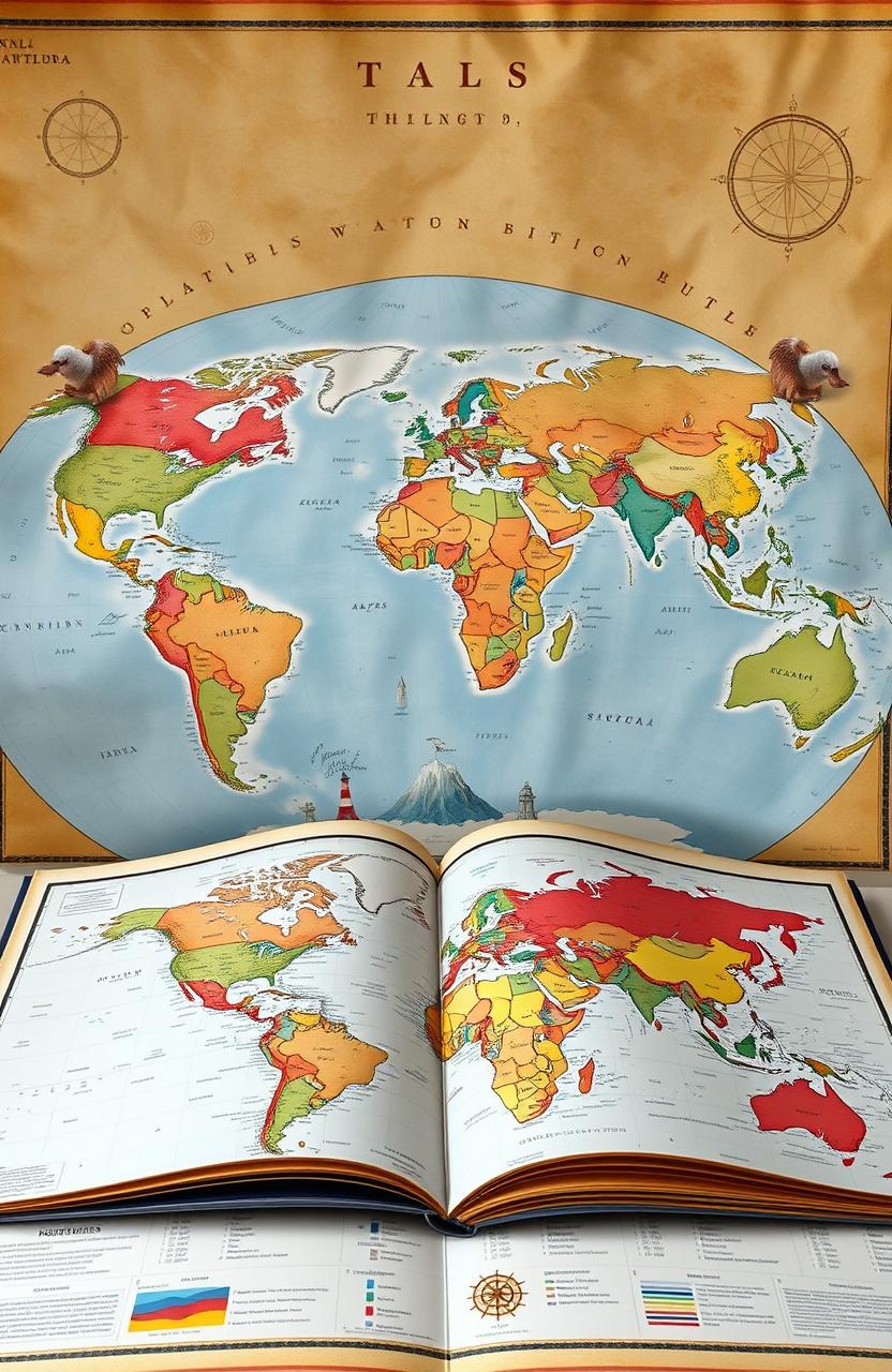 A detailed and beautifully illustrated stock atlas of the world, showcasing a variety of geographical features, including continents, oceans, mountain ranges, and major cities