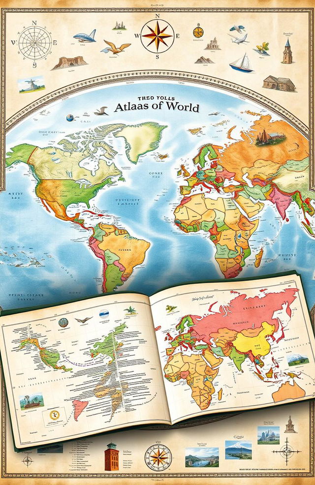 A detailed and beautifully illustrated stock atlas of the world, showcasing a variety of geographical features, including continents, oceans, mountain ranges, and major cities