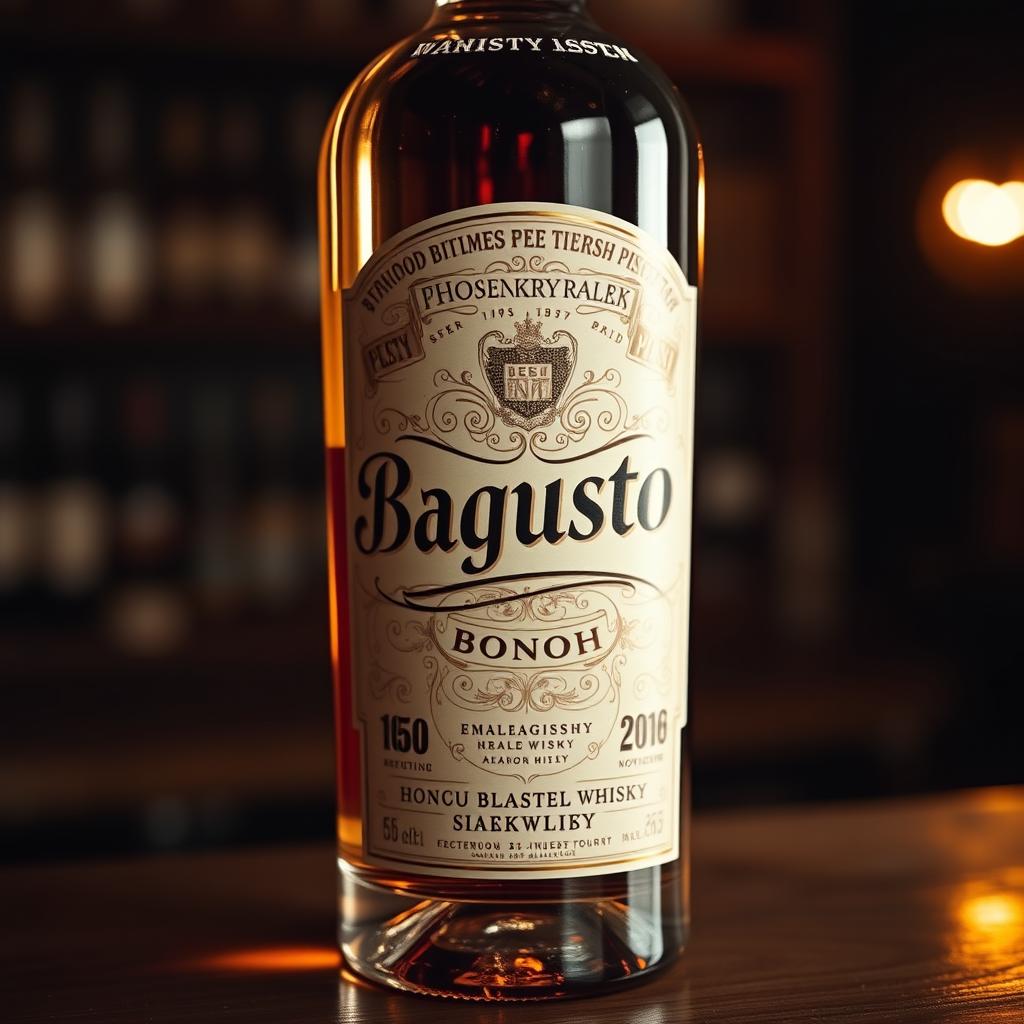 A close-up shot of an elegant whisky bottle featuring an intricate label that reads 'Bagustoto' in beautifully stylized typography