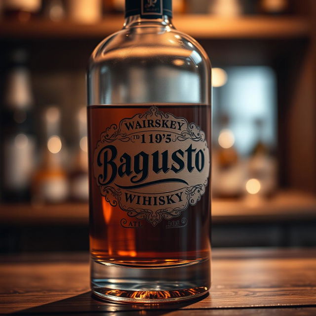 A close-up shot of an elegant whisky bottle featuring an intricate label that reads 'Bagustoto' in beautifully stylized typography