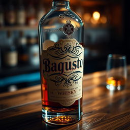 A close-up shot of an elegant whisky bottle featuring an intricate label that reads 'Bagustoto' in beautifully stylized typography