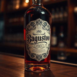 A close-up shot of an elegant whisky bottle featuring an intricate label that reads 'Bagustoto' in beautifully stylized typography