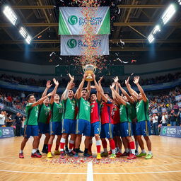 A dynamic scene capturing a futsal team celebrating their championship victory in a vibrant indoor arena