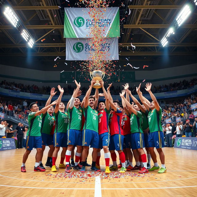 A dynamic scene capturing a futsal team celebrating their championship victory in a vibrant indoor arena