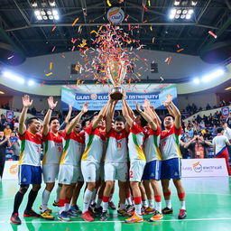 A dynamic scene capturing a futsal team celebrating their championship victory in a vibrant indoor arena