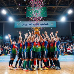 A dynamic scene capturing a futsal team celebrating their championship victory in a vibrant indoor arena