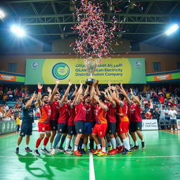 A dynamic scene capturing a futsal team celebrating their championship victory in a vibrant indoor arena