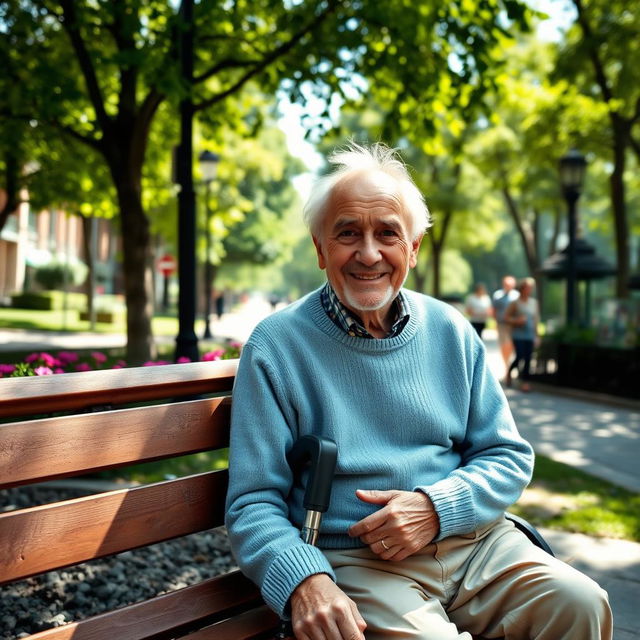 An elderly man with a warm smile sitting on a wooden park bench in a serene urban park setting