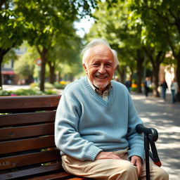 An elderly man with a warm smile sitting on a wooden park bench in a serene urban park setting