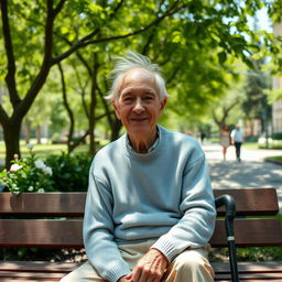 An elderly man with a warm smile sitting on a wooden park bench in a serene urban park setting