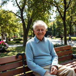 An elderly man with a warm smile sitting on a wooden park bench in a serene urban park setting