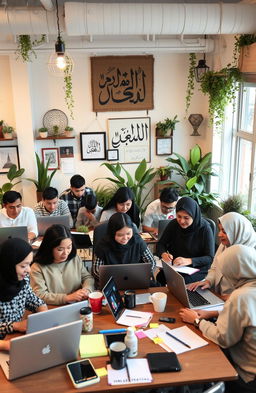 A bustling workspace filled with diverse freelancers engaged in various activities