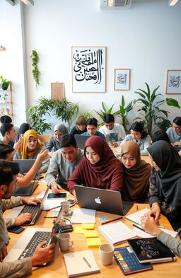 A bustling workspace filled with diverse freelancers engaged in various activities