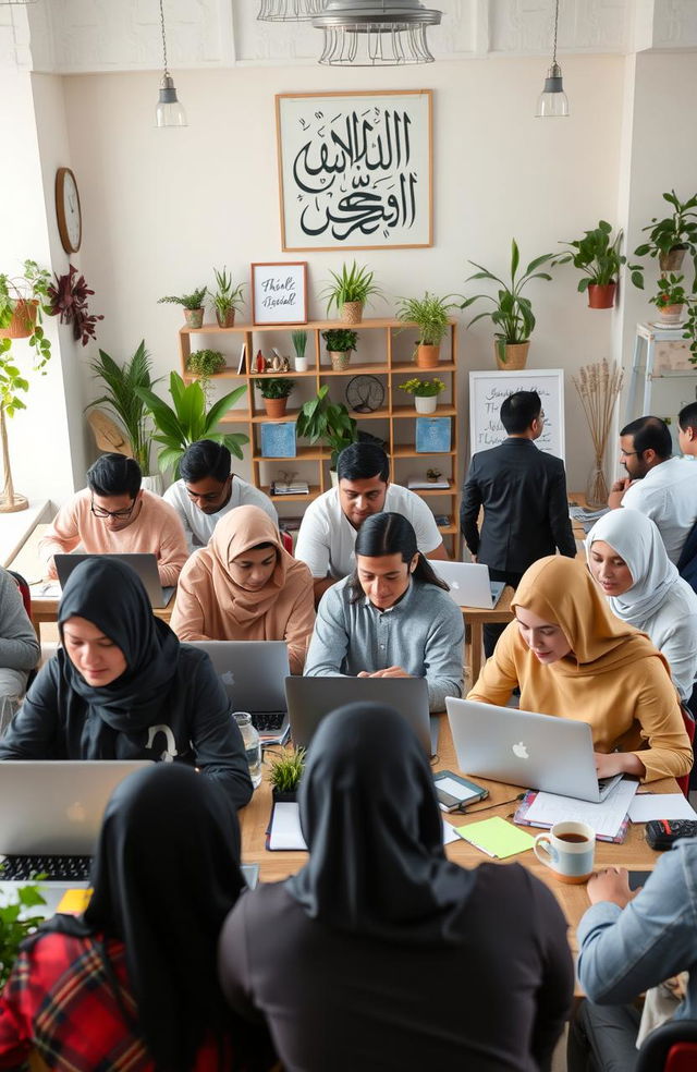 A bustling workspace filled with diverse freelancers engaged in various activities