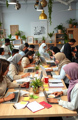 A bustling workspace filled with diverse freelancers engaged in various activities