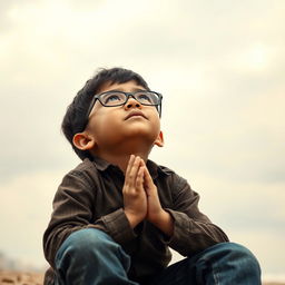 A young boy wearing glasses, sitting on the ground with a look of despair on his face