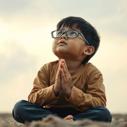 A young boy wearing glasses, sitting on the ground with a look of despair on his face