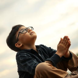 A young boy wearing glasses, sitting on the ground with a look of despair on his face