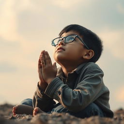 A young boy wearing glasses, sitting on the ground with a look of despair on his face