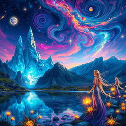 A stunning fantasy landscape depicting an otherworldly scene with vibrant colors and intricate details