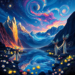 A stunning fantasy landscape depicting an otherworldly scene with vibrant colors and intricate details