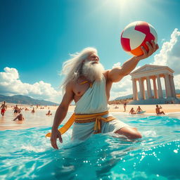 A majestic depiction of Zeus, the Greek god, depicted in a lively and playful scene at a stunning beach location called Bagustoto