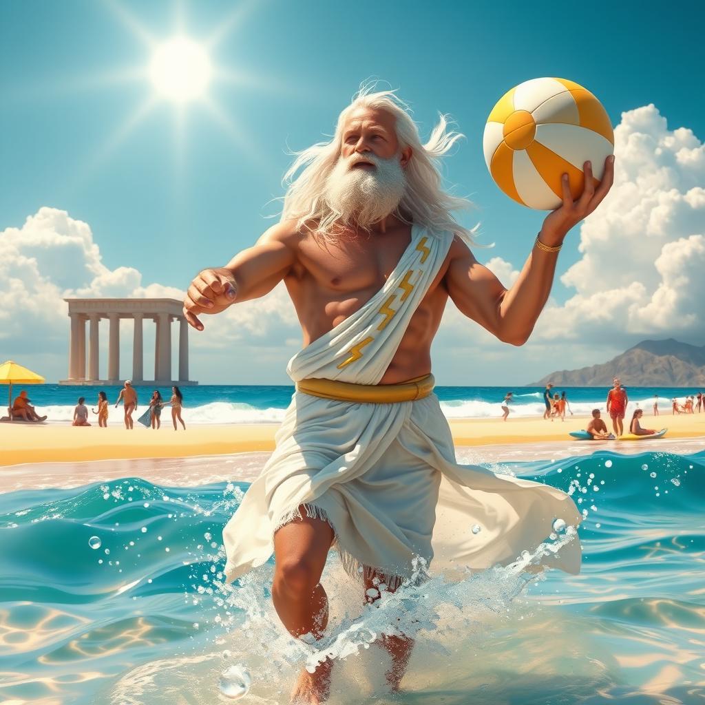 A majestic depiction of Zeus, the Greek god, depicted in a lively and playful scene at a stunning beach location called Bagustoto