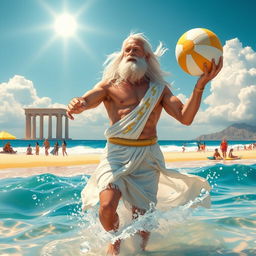 A majestic depiction of Zeus, the Greek god, depicted in a lively and playful scene at a stunning beach location called Bagustoto