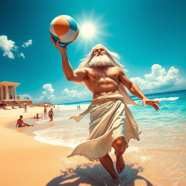 A majestic depiction of Zeus, the Greek god, depicted in a lively and playful scene at a stunning beach location called Bagustoto