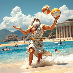 A majestic depiction of Zeus, the Greek god, depicted in a lively and playful scene at a stunning beach location called Bagustoto