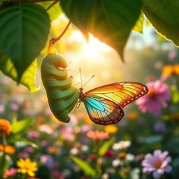 A stunning scene depicting a caterpillar transforming into a beautiful butterfly, showcasing the intricate details of the metamorphosis