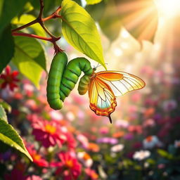 A stunning scene depicting a caterpillar transforming into a beautiful butterfly, showcasing the intricate details of the metamorphosis