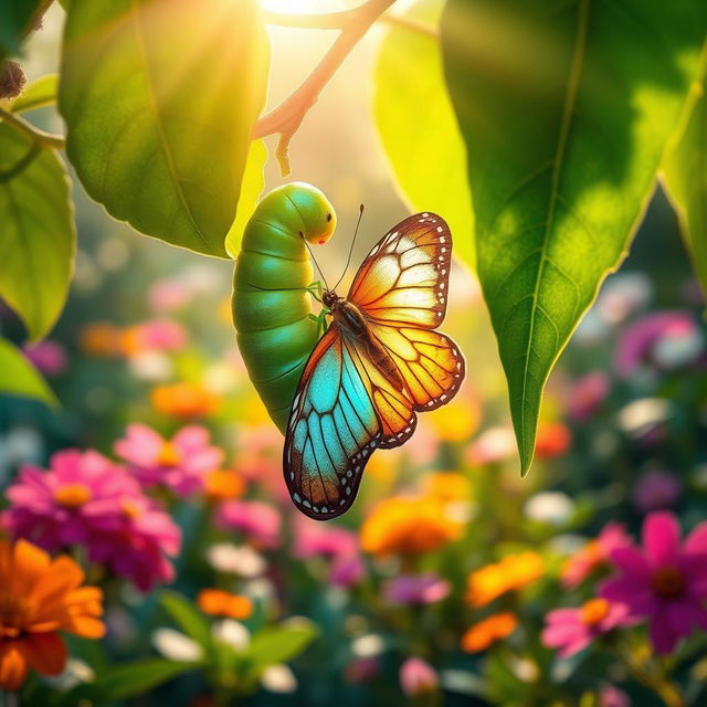 A stunning scene depicting a caterpillar transforming into a beautiful butterfly, showcasing the intricate details of the metamorphosis