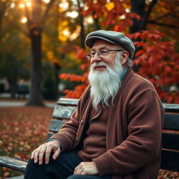 A wise old man with a full white beard, wearing a cozy brown cardigan and a flat cap, sits on a weathered wooden bench in a peaceful park