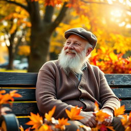 A wise old man with a full white beard, wearing a cozy brown cardigan and a flat cap, sits on a weathered wooden bench in a peaceful park