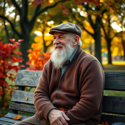 A wise old man with a full white beard, wearing a cozy brown cardigan and a flat cap, sits on a weathered wooden bench in a peaceful park