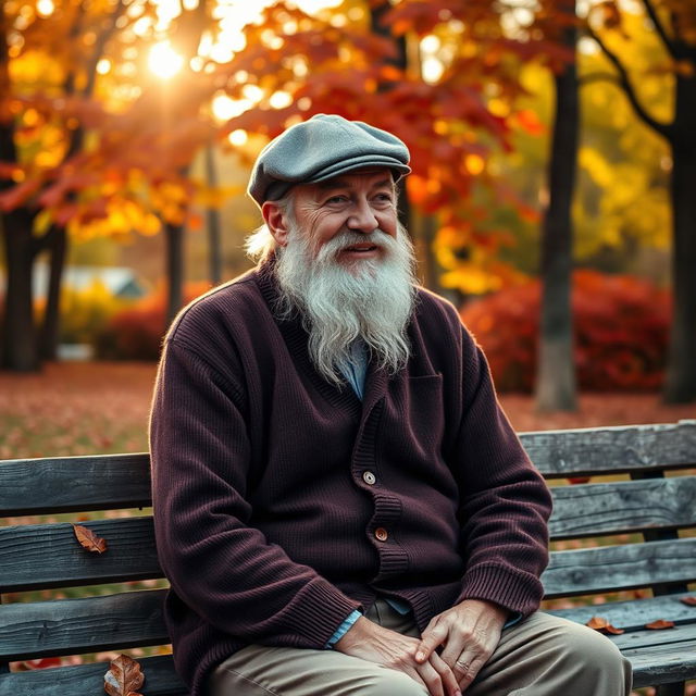 A wise old man with a full white beard, wearing a cozy brown cardigan and a flat cap, sits on a weathered wooden bench in a peaceful park