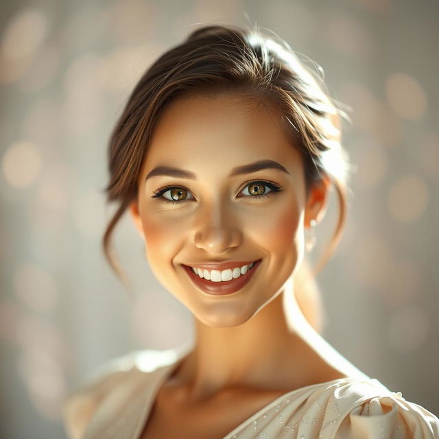 A stunning portrait showcasing the subject with radiant skin, sparkling eyes, and a warm smile