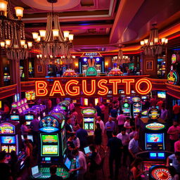 A vibrant and lively casino scene, filled with colorful slot machines, surrounded by high-spirited players engaging in various games like poker and roulette