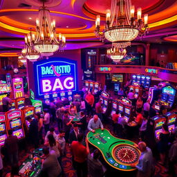 A vibrant and lively casino scene, filled with colorful slot machines, surrounded by high-spirited players engaging in various games like poker and roulette