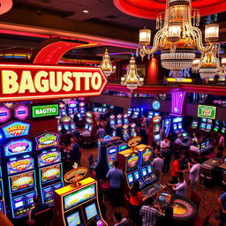 A vibrant and lively casino scene, filled with colorful slot machines, surrounded by high-spirited players engaging in various games like poker and roulette