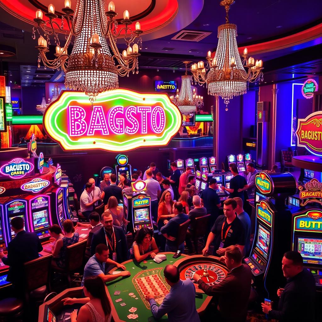 A vibrant and lively casino scene, filled with colorful slot machines, surrounded by high-spirited players engaging in various games like poker and roulette