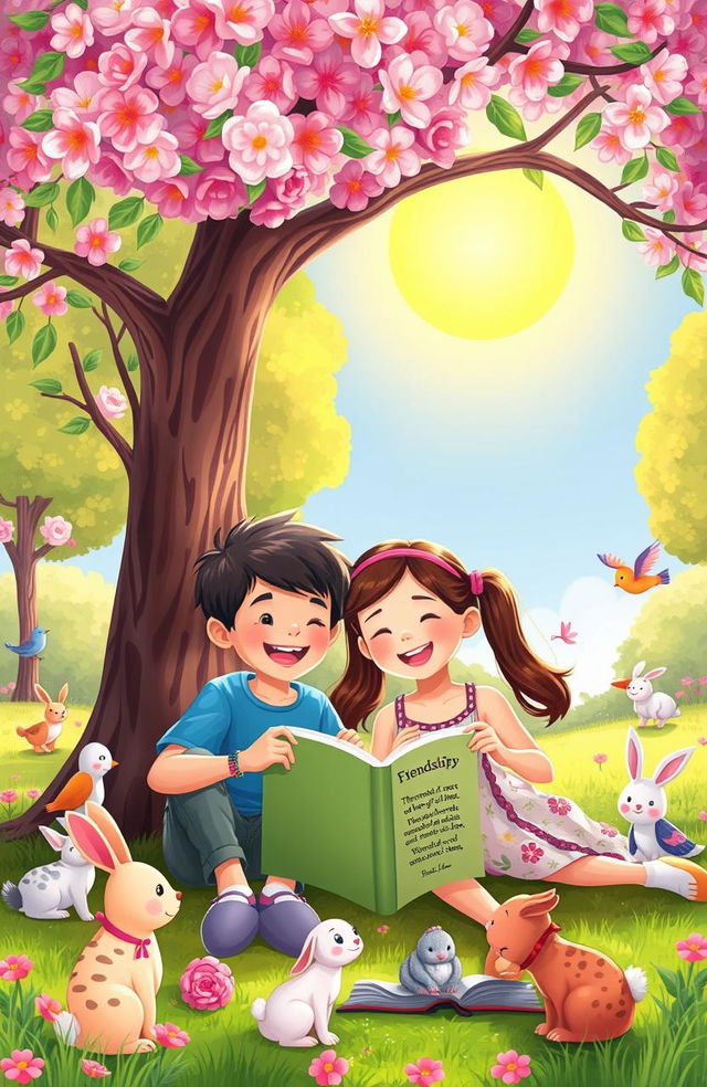 A heartwarming children's story illustration featuring two best friends, a cheerful young boy and a joyful young girl, sitting together under a large blooming tree in a vibrant park