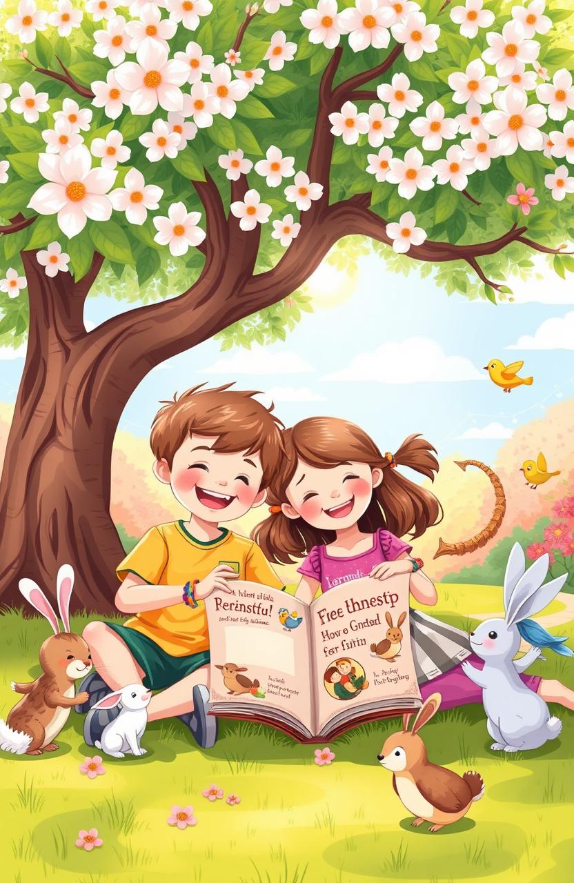 A heartwarming children's story illustration featuring two best friends, a cheerful young boy and a joyful young girl, sitting together under a large blooming tree in a vibrant park